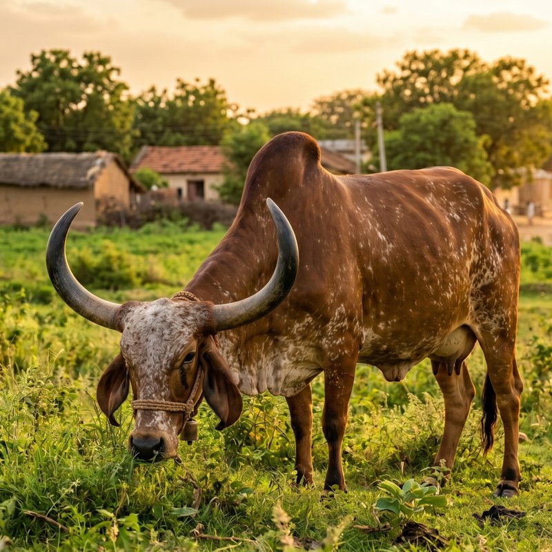 A2 Gir cow grazing freely in an Indian village pasture at golden hour