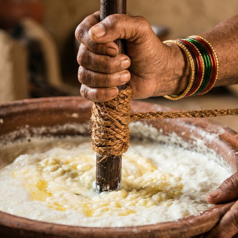Hand-churning curd into butter using a traditional wooden bilona in a clay pot