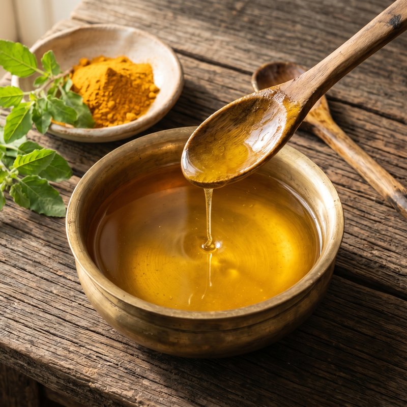 Pure golden ghee in a brass bowl with tulsi leaves and turmeric