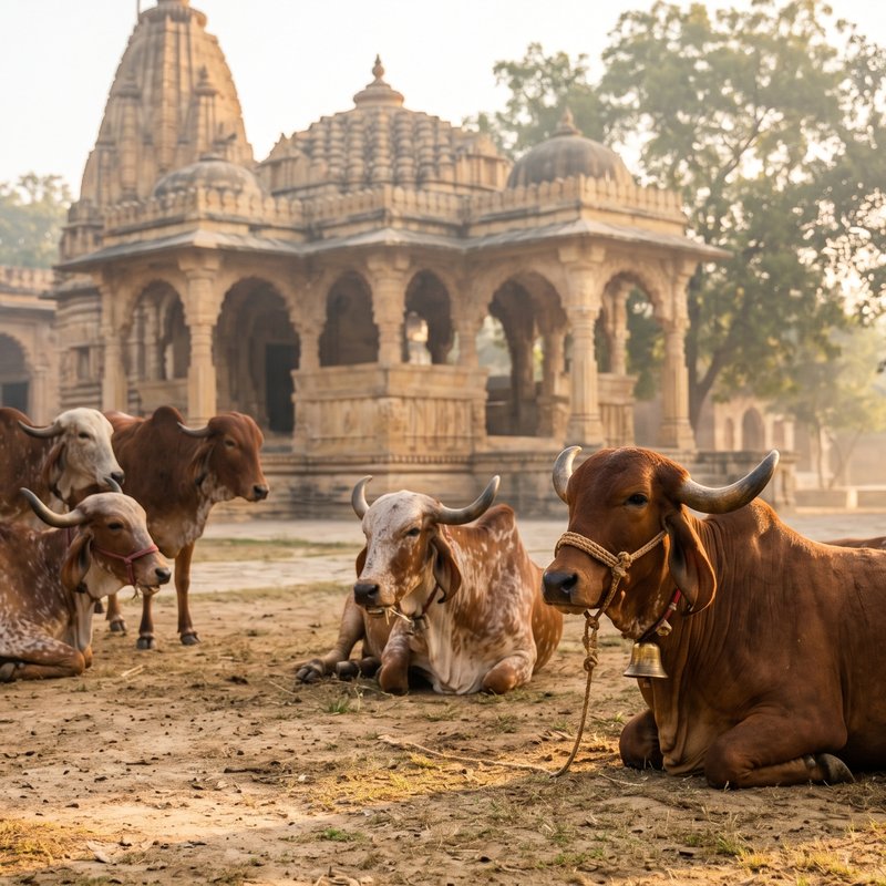 Nandvansh sacred cows resting near a temple in Nathdwara